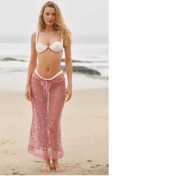 Anthropologie Celandine Sheer Mesh Sequin Drawstring Mermaid Midi Skirt size M - Picture 1 of 7